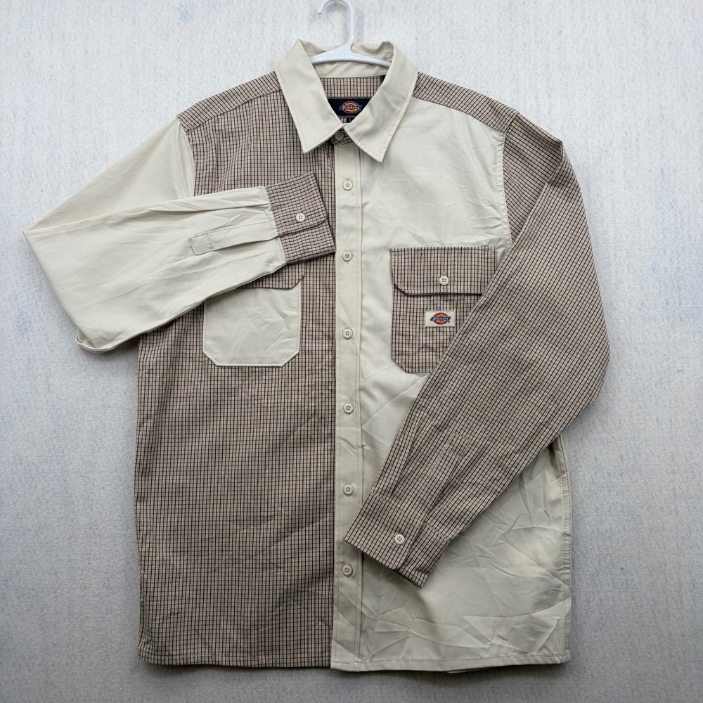 Dickies Mens Colorblock Micro Check Button Down Shirt Cream Tan WLR38 Large